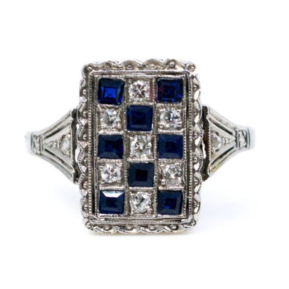Antique Art Deco Sapphire and Old Mine Cut Diamond Ring
