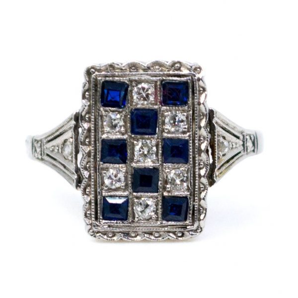Antique Art Deco Sapphire and Old Mine Cut Diamond Ring