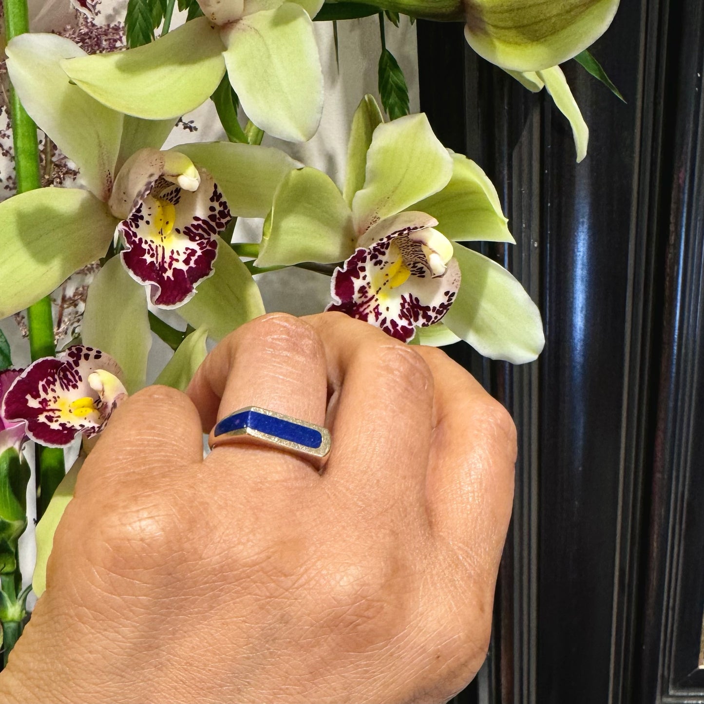 Vintage Retro Lapis Lazuli Set 14ct Gold Geometric Design Ring