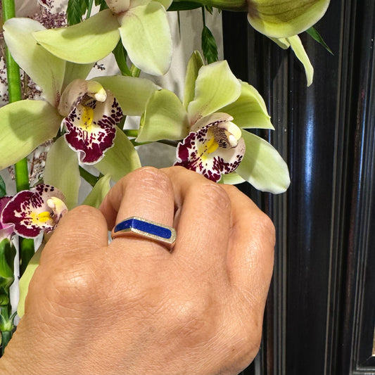 Vintage Retro Lapis Lazuli Set 14ct Gold Geometric Design Ring