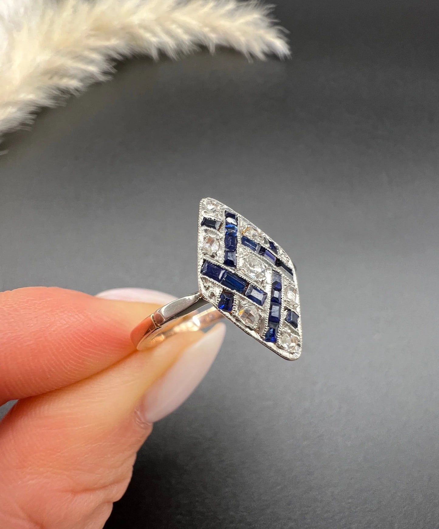 Antique 18 Carat Gold And Platinum Art Deco Sapphire And Diamond Marquise Ring