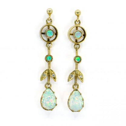 Vintage Opal, Old Cut Diamond and Gold Drop Earrings; featuring pear-shaped and round cabochon opals accented with old mine-cut diamonds. Circa 1910-1940.