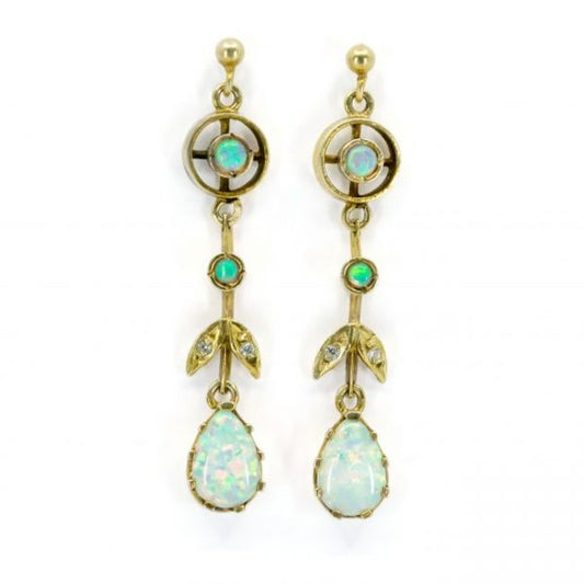 Vintage Opal, Old Cut Diamond and Gold Drop Earrings; featuring pear-shaped and round cabochon opals accented with old mine-cut diamonds. Circa 1910-1940.