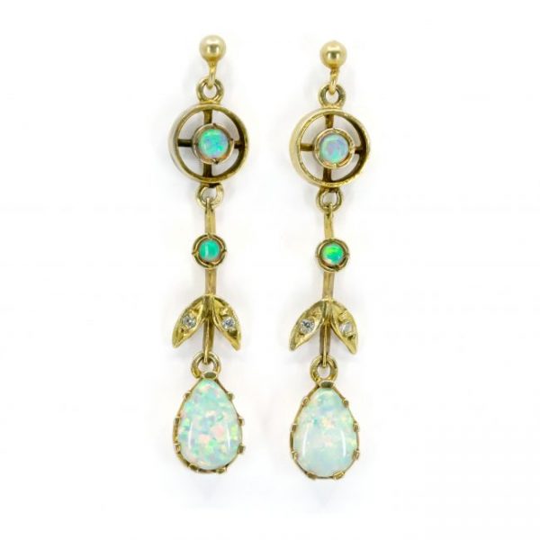 Vintage Opal, Old Cut Diamond and Gold Drop Earrings; featuring pear-shaped and round cabochon opals accented with old mine-cut diamonds. Circa 1910-1940.