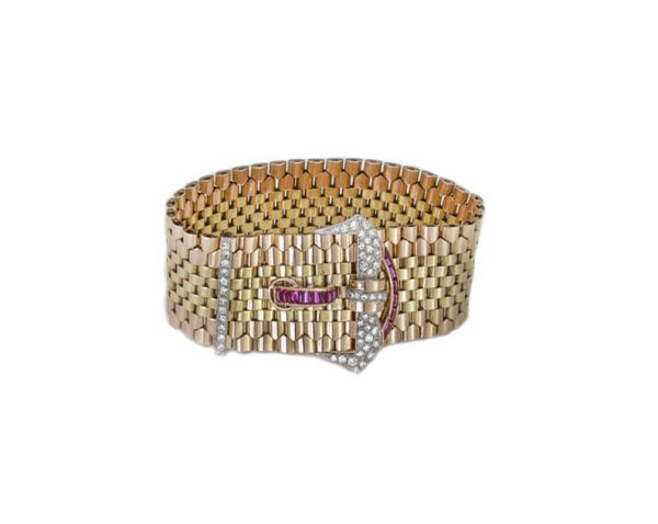 Vintage Tiffany and Co 18ct Gold Belt Buckle Style Bracelet set with 1.20cts diamonds and 0.56cts rubies. Circa 1940s.