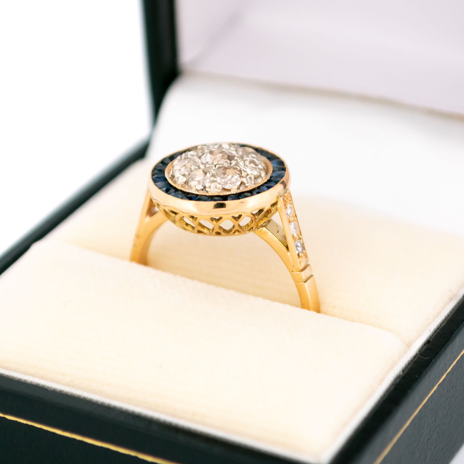 1.20ct Old Mine Cut Diamond and Calibre Sapphire Halo Cluster Target Ring