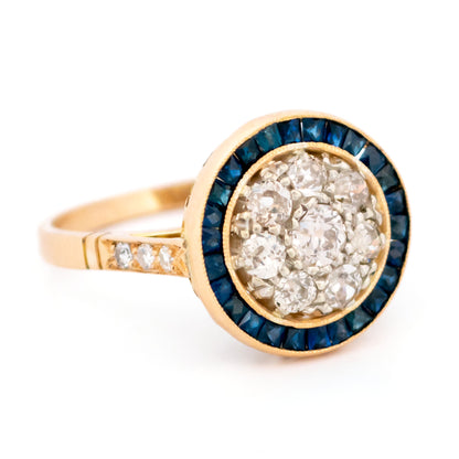 1.20ct Old Mine Cut Diamond and Calibre Sapphire Halo Cluster Target Ring