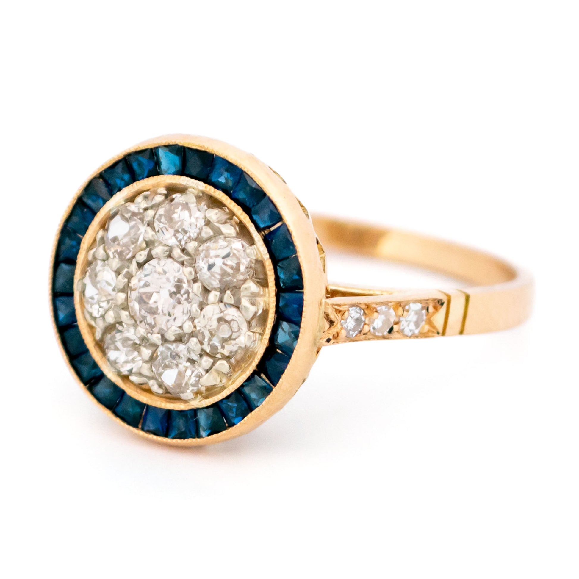 1.20ct Old Mine Cut Diamond and Calibre Sapphire Halo Cluster Target Ring