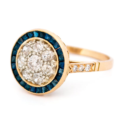 1.20ct Old Mine Cut Diamond and Calibre Sapphire Halo Cluster Target Ring