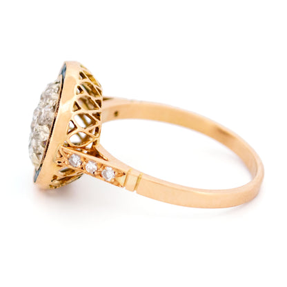 1.20ct Old Mine Cut Diamond and Calibre Sapphire Halo Cluster Target Ring