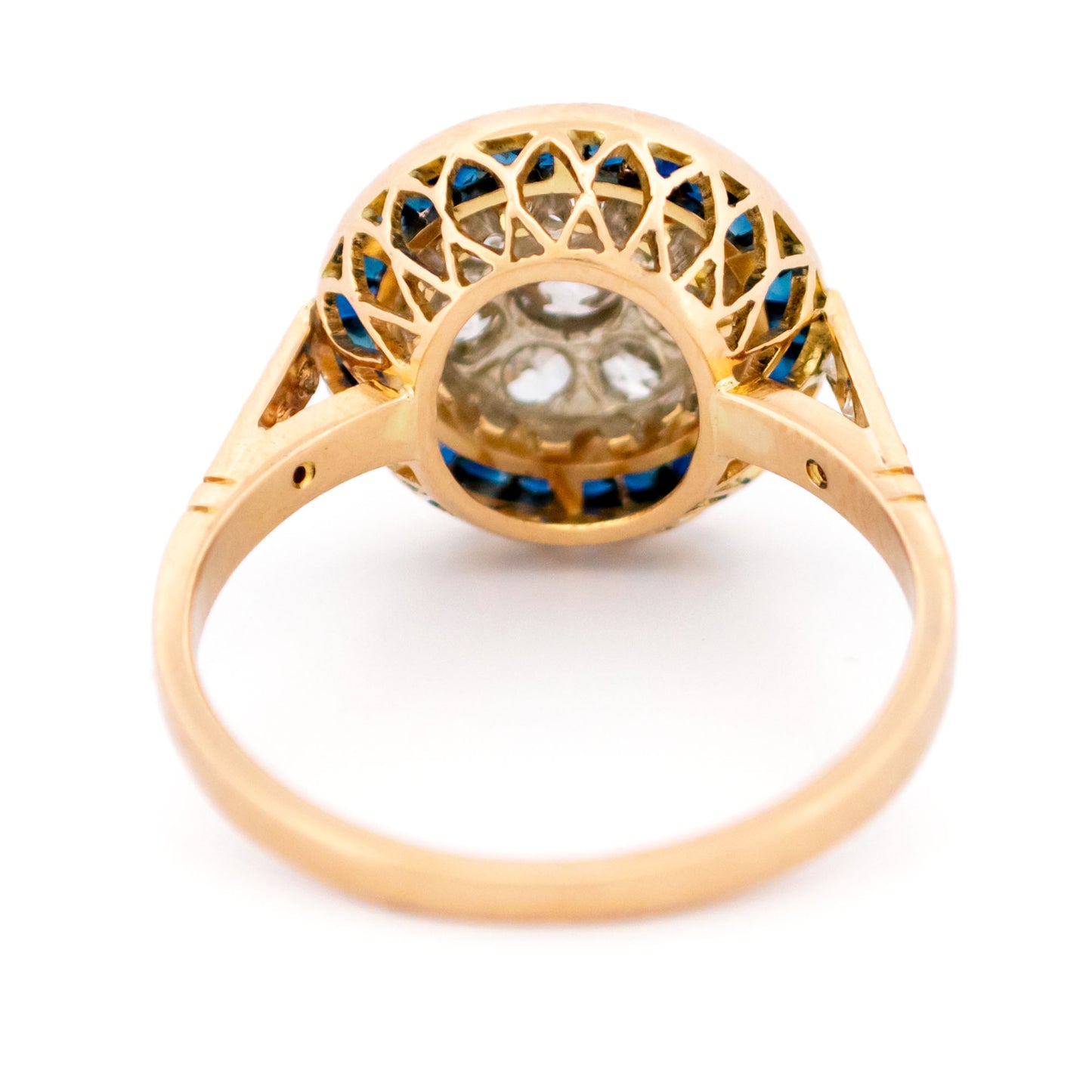 1.20ct Old Mine Cut Diamond and Calibre Sapphire Halo Cluster Target Ring