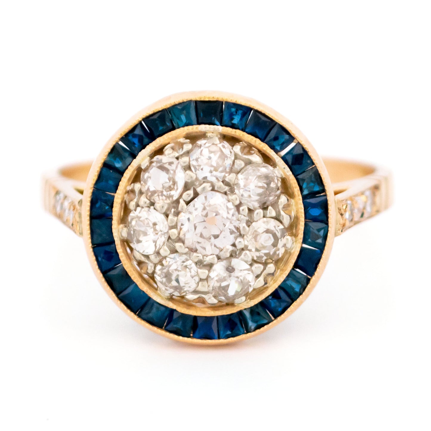 1.20ct Old Mine Cut Diamond and Calibre Sapphire Halo Cluster Target Ring