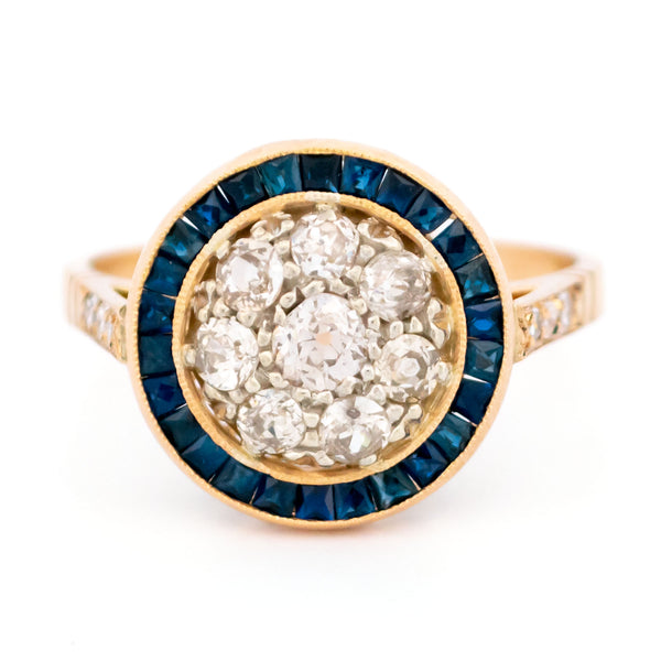 1.20ct Old Mine Cut Diamond and Calibre Sapphire Halo Cluster Target Ring