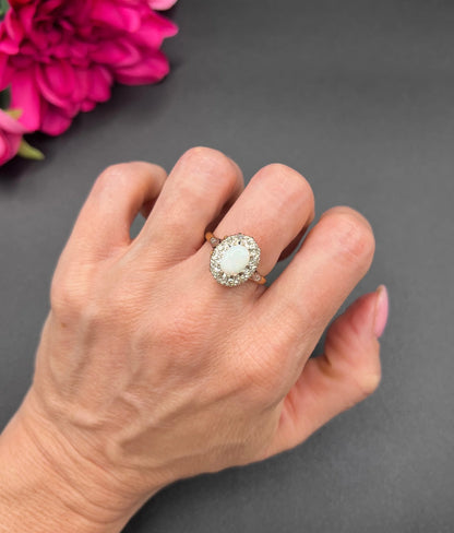 Vintage 18 Carat Yellow Gold Opal and Diamond Oval Cluster Ring, Hallmarked 1963