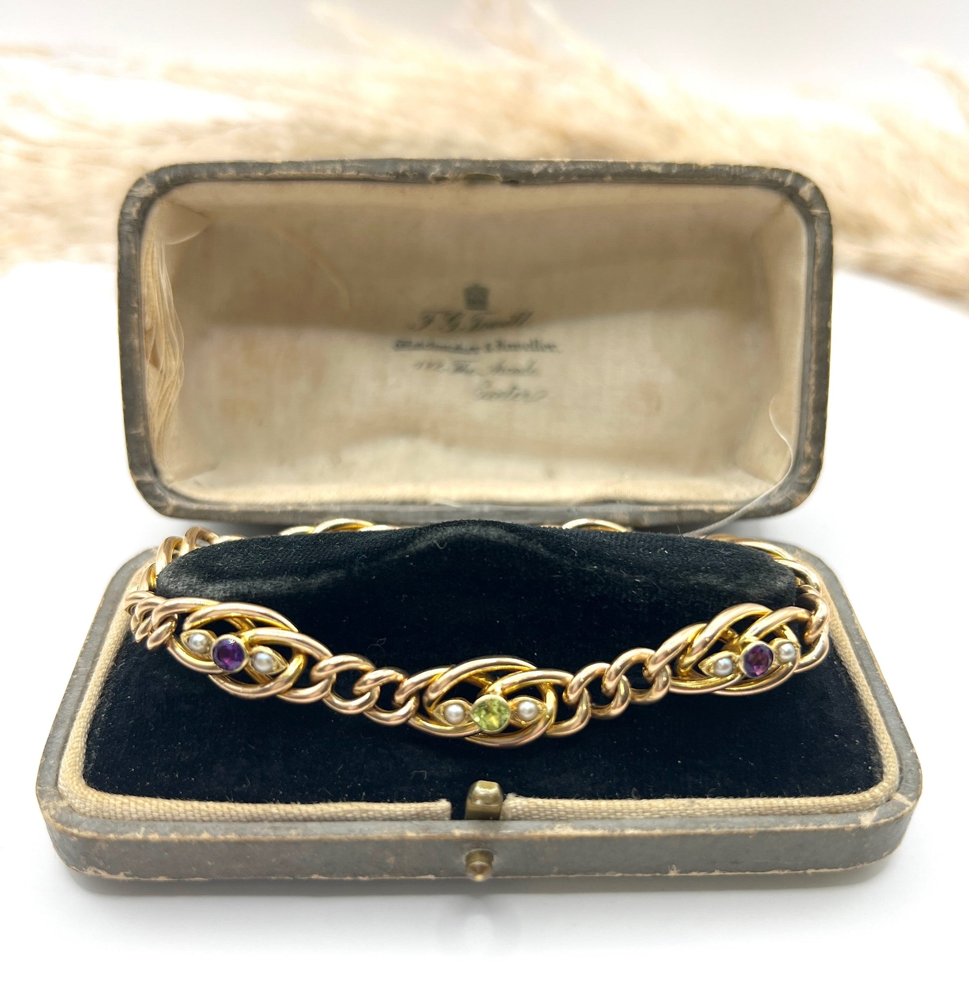 Edwardian Antique Amethyst Peridot and Pearl Suffragette Curb Link Bracelet in 15ct Gold