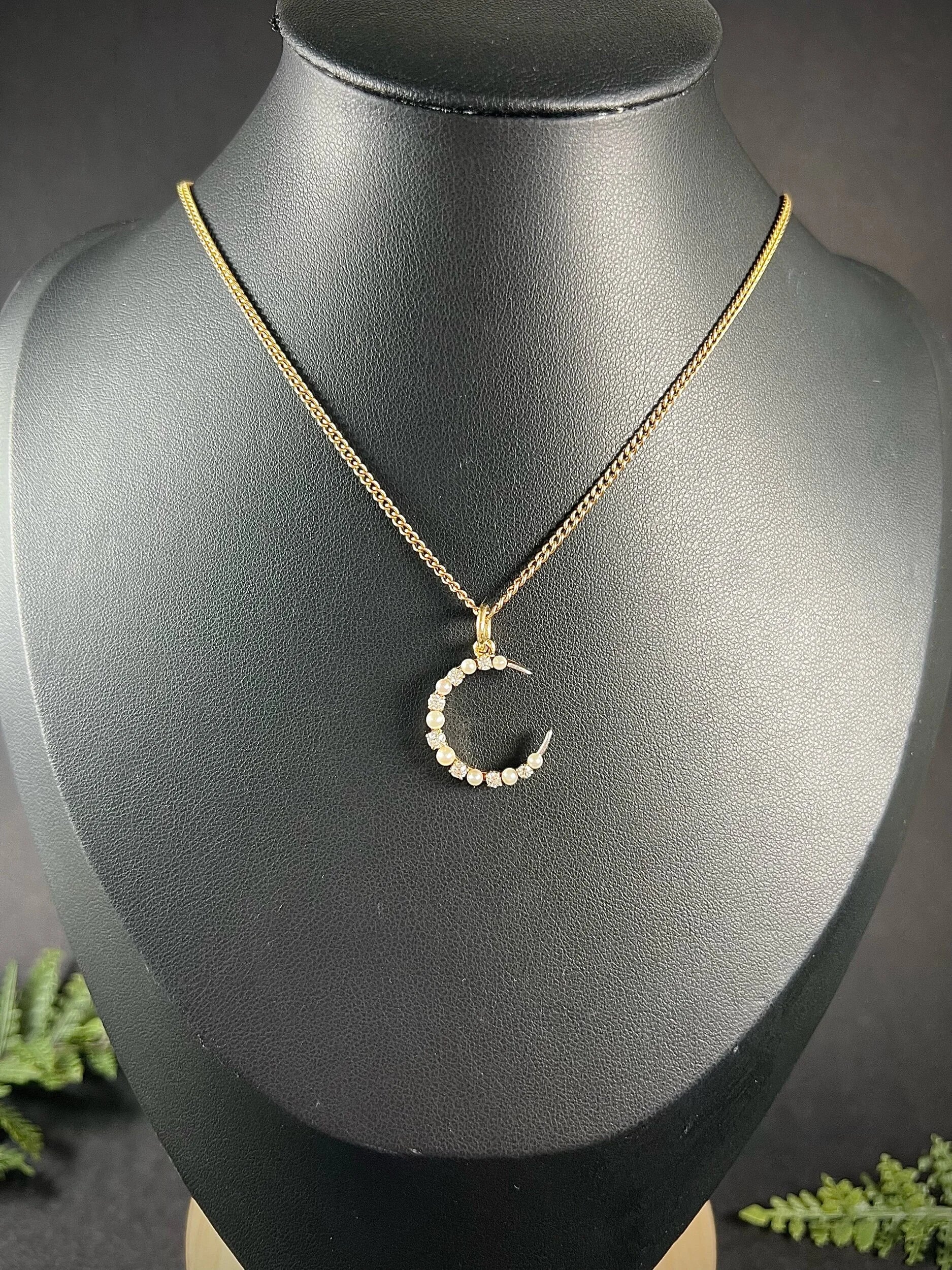 Antique 18ct Yellow Gold, Edwardian Diamond & Pearl Crescent Moon Pendant