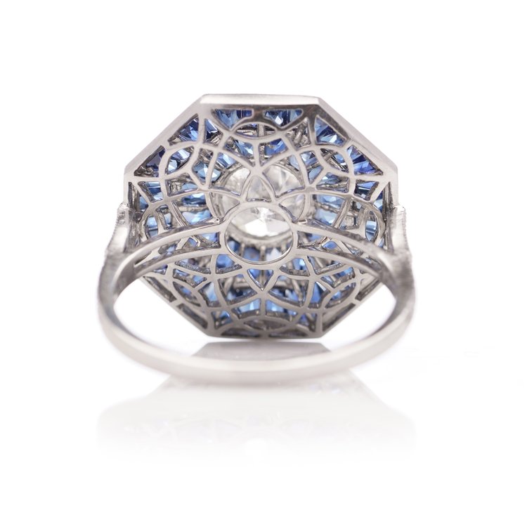 Art Deco Style 0.42ct Diamond and Sapphire Octagonal Double Cluster Ring in Platinum