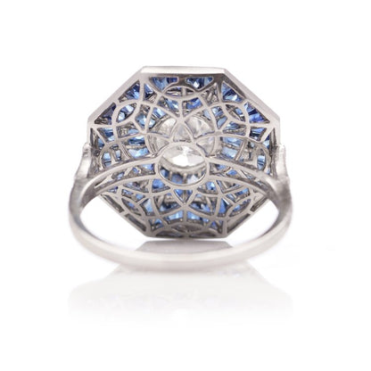 Art Deco Style 0.42ct Diamond and Sapphire Octagonal Double Cluster Ring in Platinum