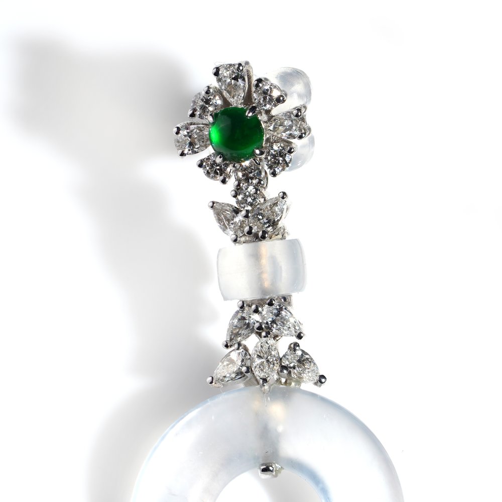Untreated Grade A White Jadeite Jade Drop Earrings with Diamond and Emerald Clusters