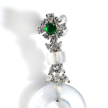 Untreated Grade A White Jadeite Jade Drop Earrings with Diamond and Emerald Clusters
