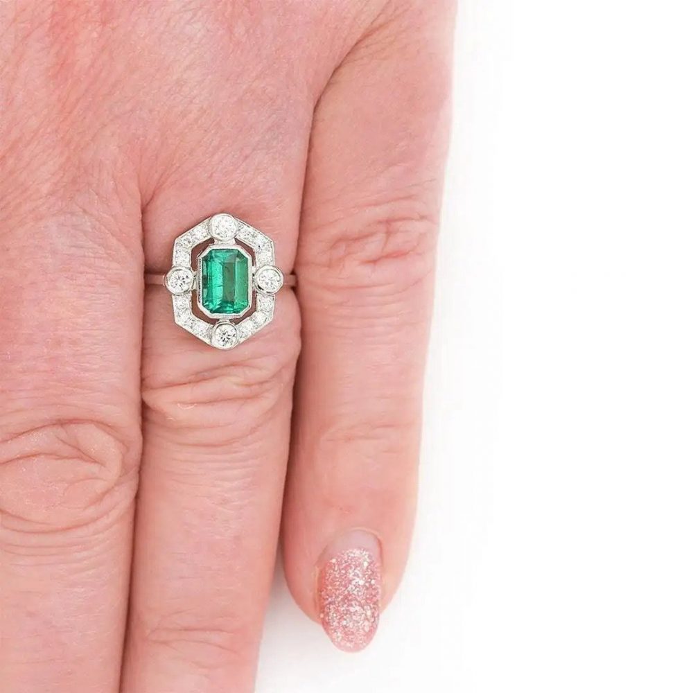 Art Deco Style 1ct Emerald and Diamond Halo Cluster Dress Ring in Platinum