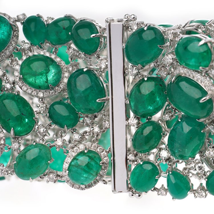 Fine Cabochon Emerald and Diamond Bracelet, 135 carats