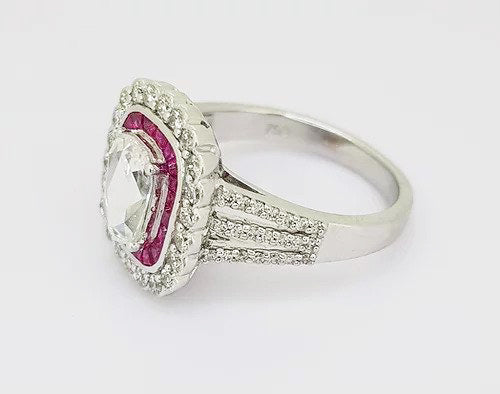Oval Cut Diamond and Ruby Cluster Ring, in 18ct white gold