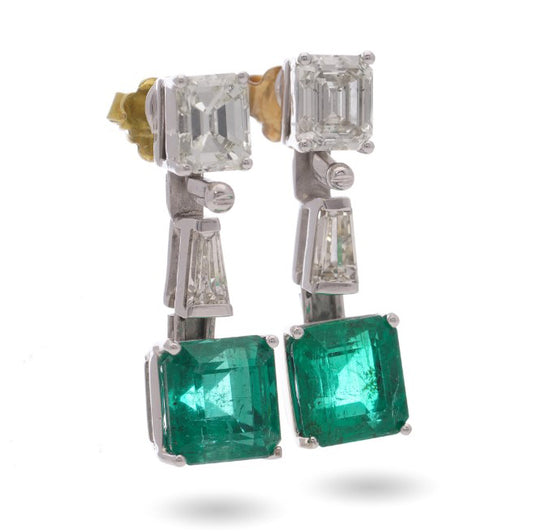 Stunning Vintage 4ct Square Cut Natural Colombian Emerald and Diamond Drop Earrings