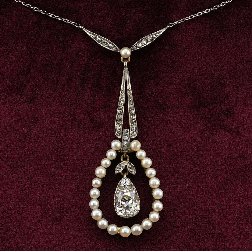 Antique Edwardian 1.20ct Pear Shaped Cushion Cut Diamond and Natural Pearl Cluster Pendant Necklace