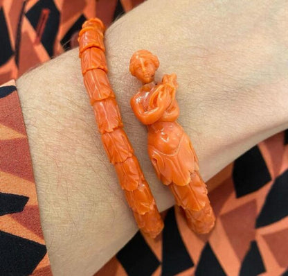 Rare Antique Victorian 19th Century Carved Coral Mermaid Bangle Bracelet