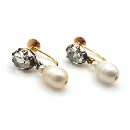 Vintage Rose Cut Diamond and Pearl Drop Earrings