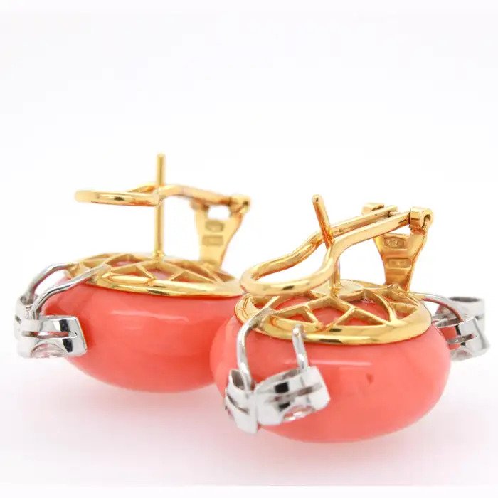 Vintage Cabochon Coral and Marquise Diamond Earrings