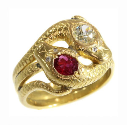 Late Victorian Old Cut Diamond and Ruby Snake Ring, 18ct Yellow Gold
