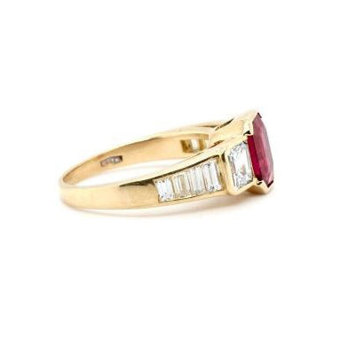 Emerald Cut Ruby and Diamond Trilogy Engagement Ring with Baguette Shoulders in 18ct Yellow Gold
