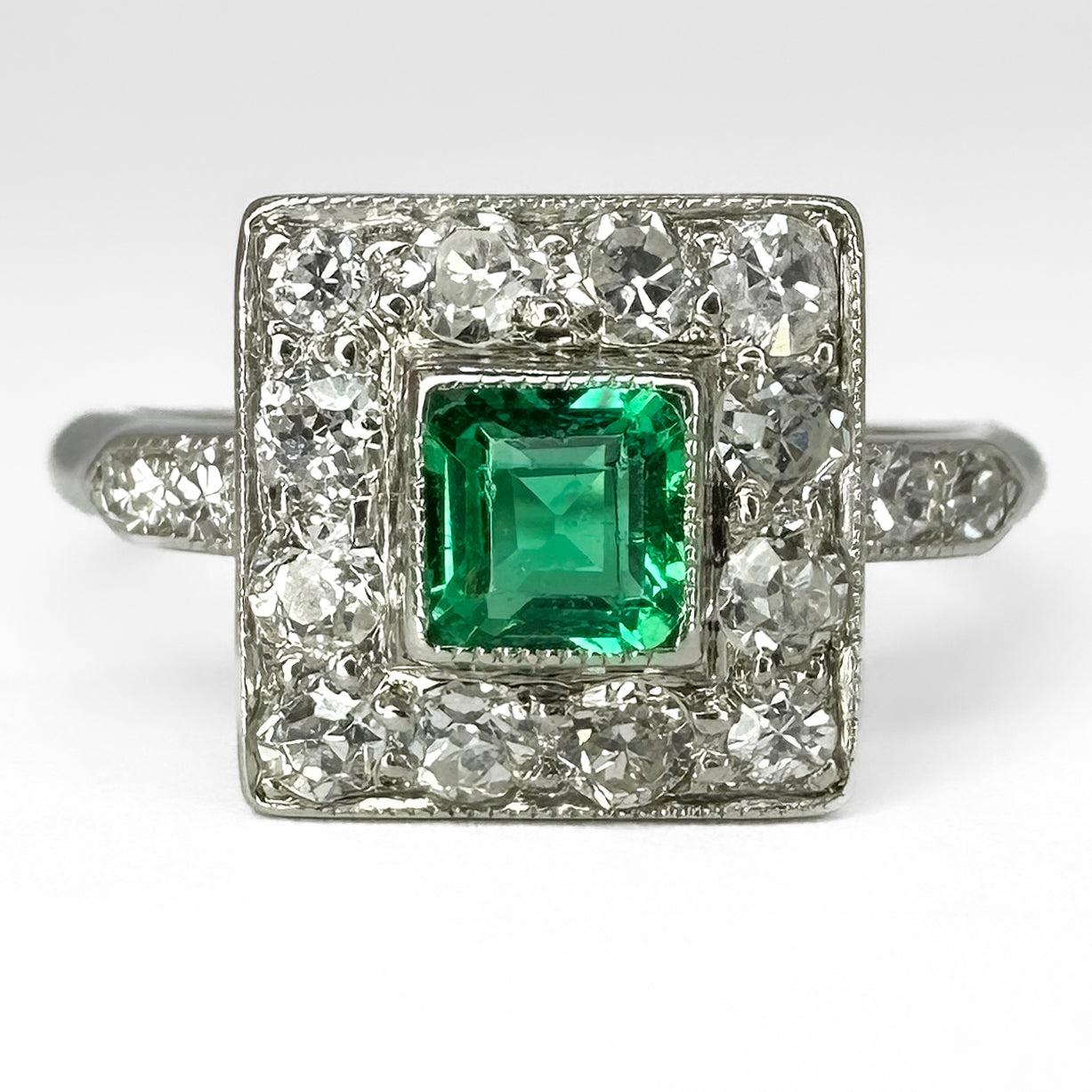 Edwardian Antique Colombian Emerald and Diamond Square Cluster Ring