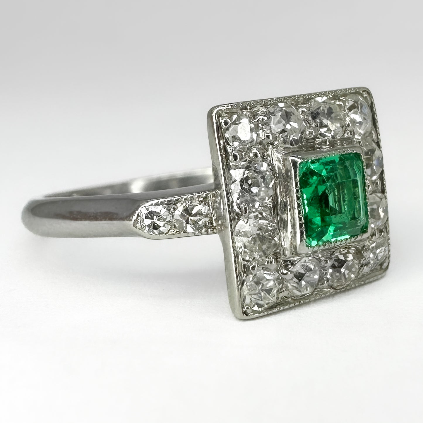 Edwardian Antique Colombian Emerald and Diamond Square Cluster Ring