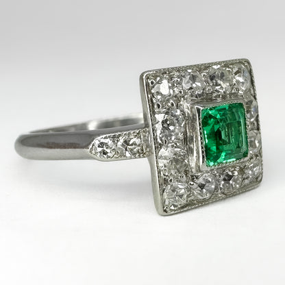 Edwardian Antique Colombian Emerald and Diamond Square Cluster Ring
