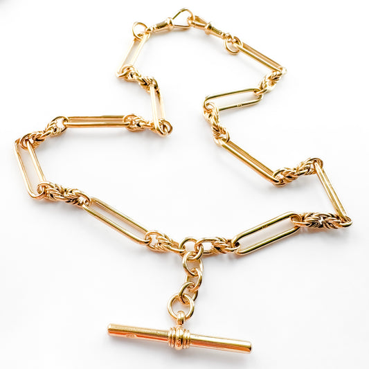 Edwardian Antique 9ct Yellow Gold Trombone Link Albert Chain Necklace, 17.5"