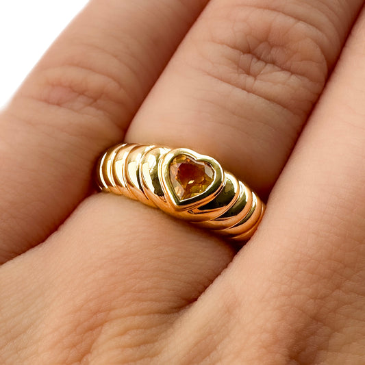Vintage Tiffany and Co Citrine Heart Yellow Gold Ribbed Ring