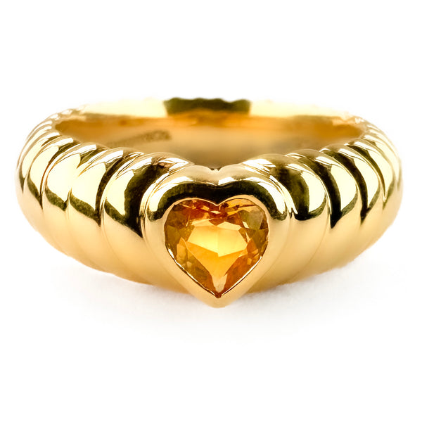 Vintage Tiffany and Co Citrine Heart Yellow Gold Ribbed Ring