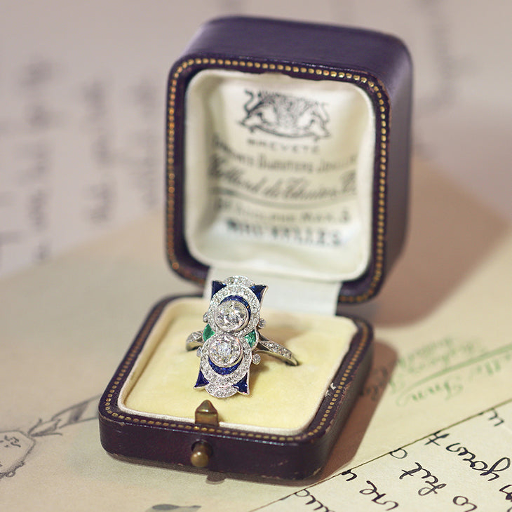 Art Deco Sapphire Emerald and Diamond Plaque Ring in Platinum