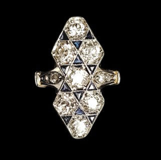 Edwardian Antique Sapphire and Diamond Chequerboard Plaque Ring in Platinum and 18ct Yellow Gold