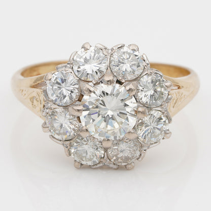 Vintage 1940s Diamond Daisy Cluster Engagement Ring, 2.50 carat total