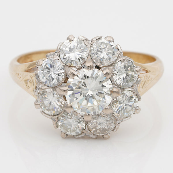 Vintage 1940s Diamond Daisy Cluster Engagement Ring, 2.50 carat total