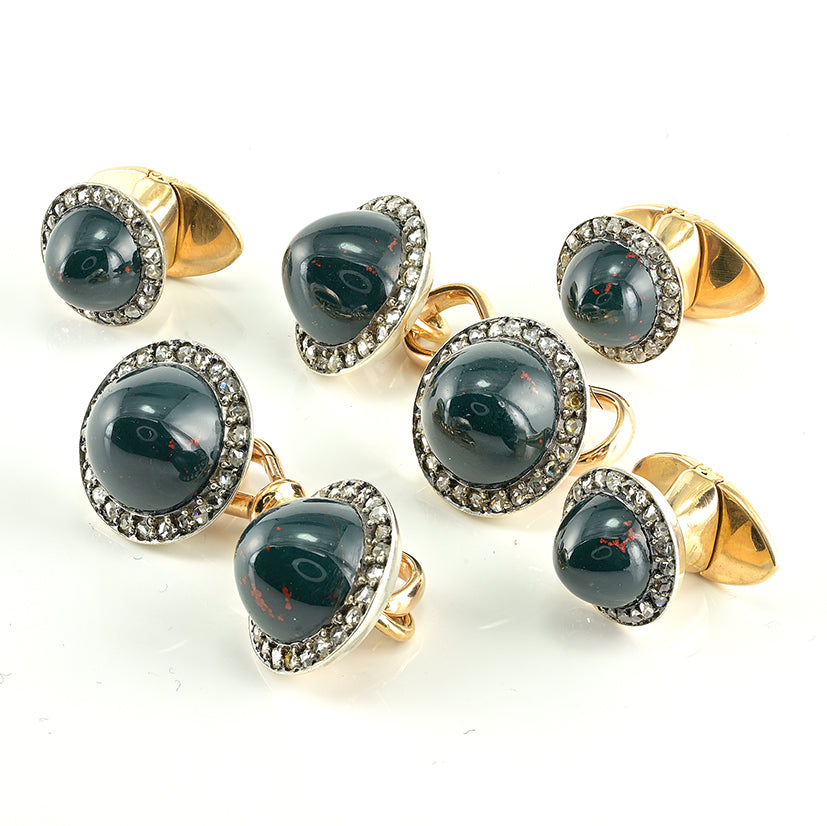 Antique Jasper and Rose Cut Diamond Cluster Cufflinks Set