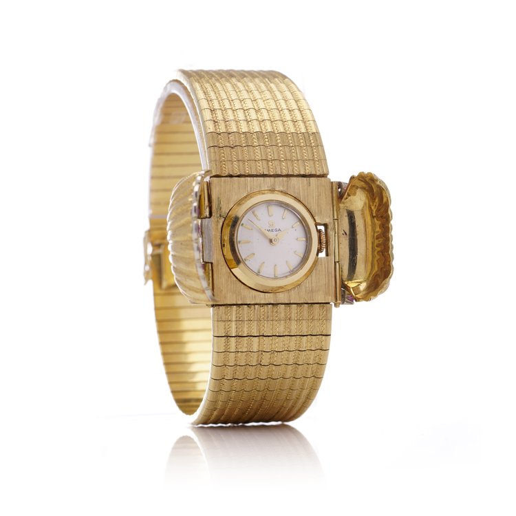 Omega Vintage Gold Bracelet Watch with Rubies Oyster Shell Shutter
