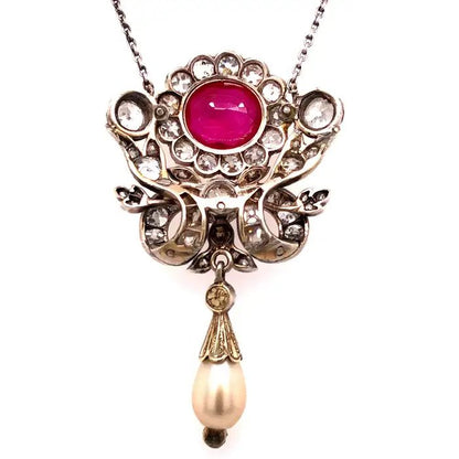 Victorian Antique 4.32ct Certified Natural Burma Ruby Diamond and Pearl Pendant, 6 carats