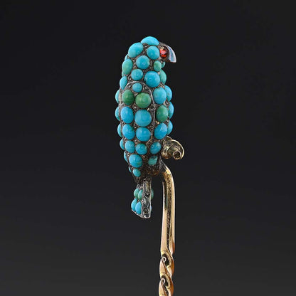 Early Victorian Antique Turquoise Parrot Stick Pin Brooch with Ruby Eyes, Late 19th century Circa 1840