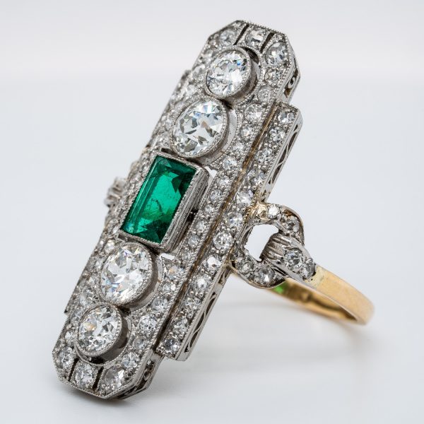 Art Deco Emerald and Diamond Plaque Ring, 3.50 carats