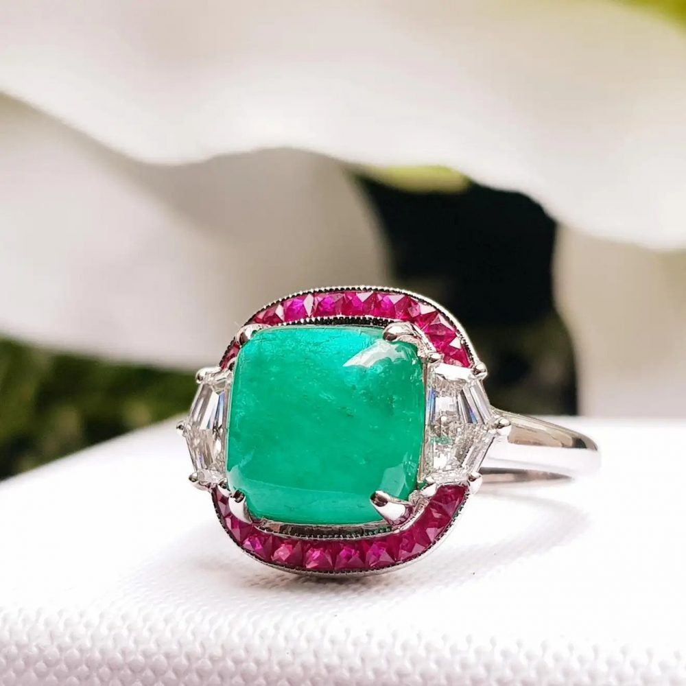 4.12ct Colombian Emerald with Ruby and Diamond Halo Ring